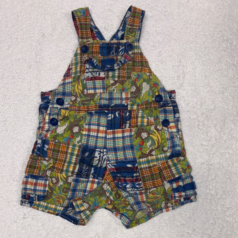 Gap Infant Boys Madris Plaid Short Overalls w/Monkeys & Pockets (3-6 Mo)